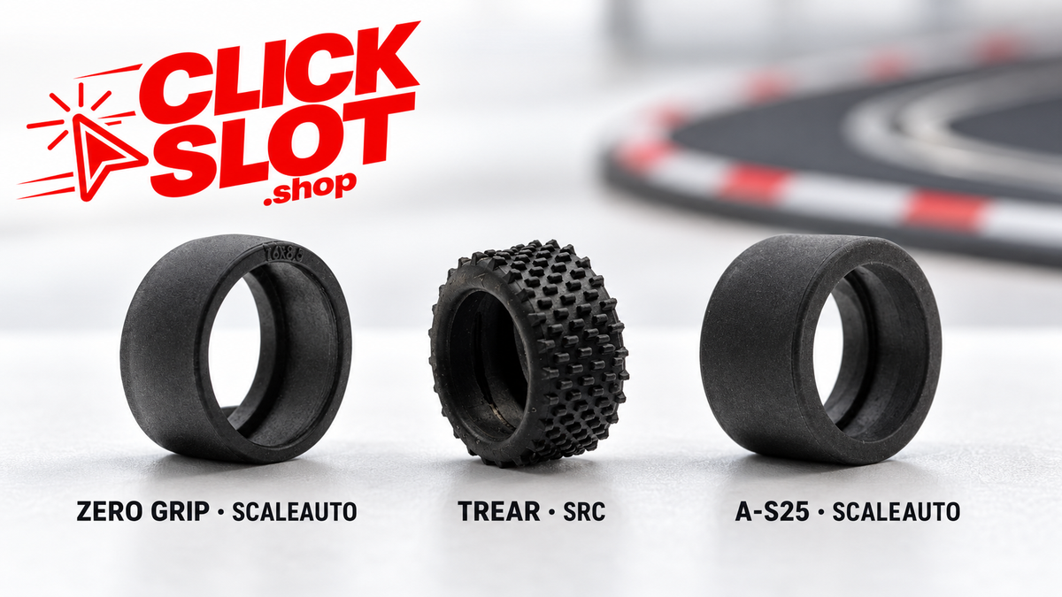 Neumáticos Scaleauto Zero Grip, SRC TREAR de tacos y Scaleauto A-S25 con el logo de Clickslot.shop