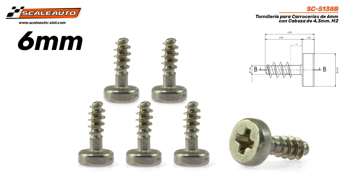 Tornillería para Carrocerías de 6mm con Cabeza de 4,3mm. M2 · Scaleauto SC-5138B