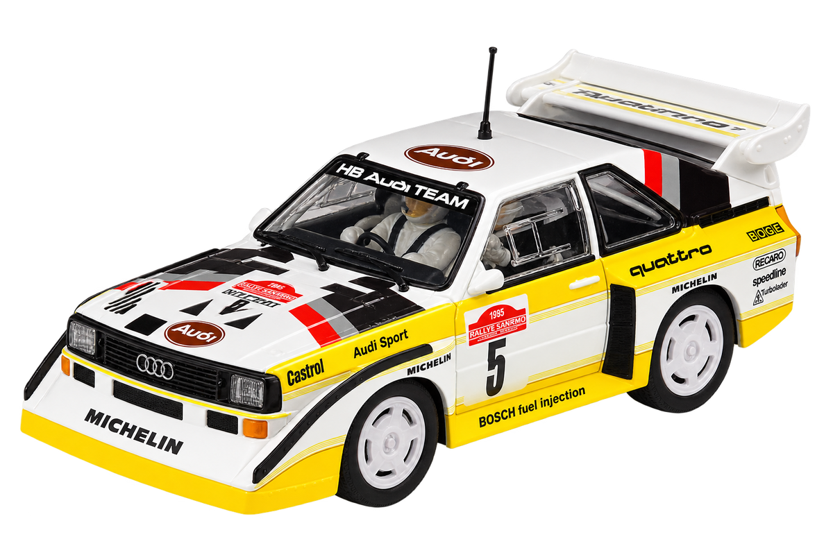 Modelo compatible: Audi Quattro S1 Superslot, vista delantera de tres cuartos orientada a la izquierda y sin fondo. Foto orientativa; se vende únicamente el chasis 3D.