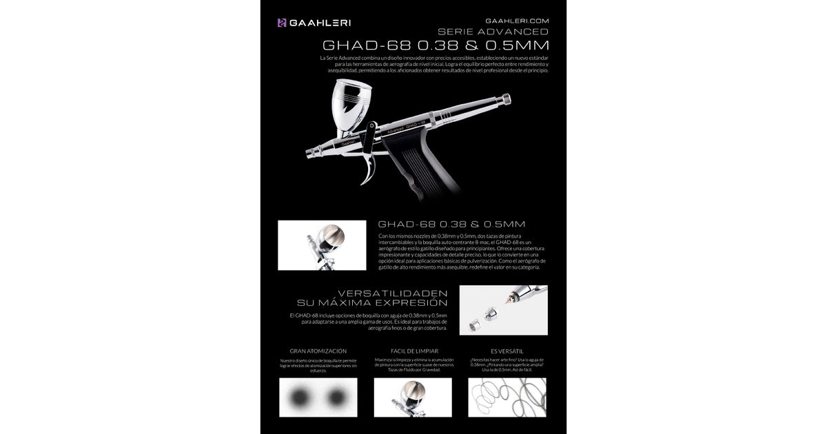 Aerografo Gaahleri gravedad GHAD-68 con agujade 0.38 y 0.5mm. Doble taza de 14ml (1/2 oz) y 7ml (1/4 oz) · Gaahleri GA-40140 · Fotografía 9