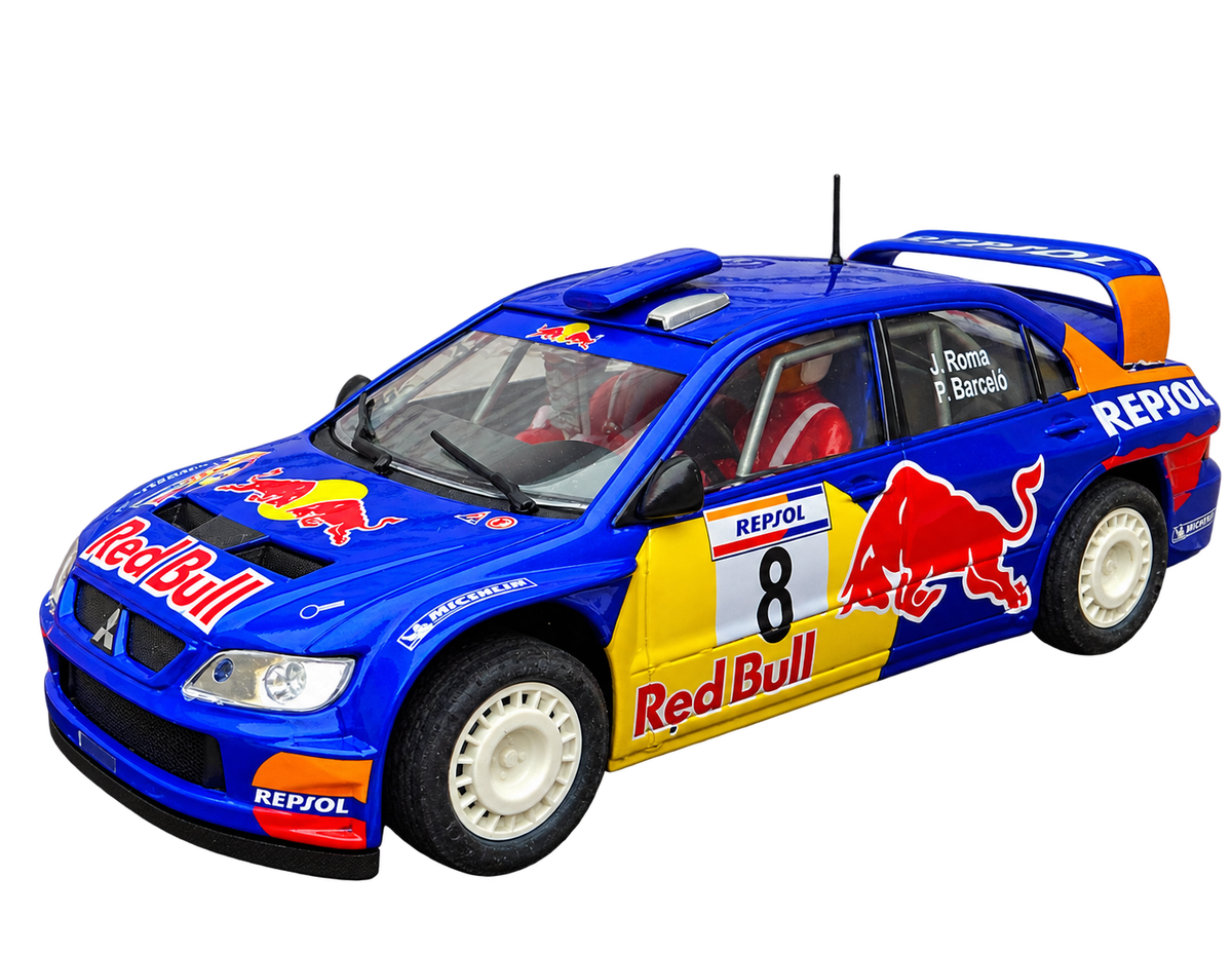 Modelo compatible: MITSUBISHI LANCER WRC RED BULL REF.50430 NINCO. Foto orientativa del coche; se vende únicamente el chasis 3D.