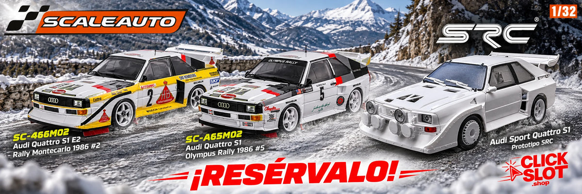 Reserva los Audi Quattro de slot 1:32: Scaleauto Montecarlo n.º 2 y Olympus n.º 5, junto al prototipo Audi Sport Quattro S1 de SRC.