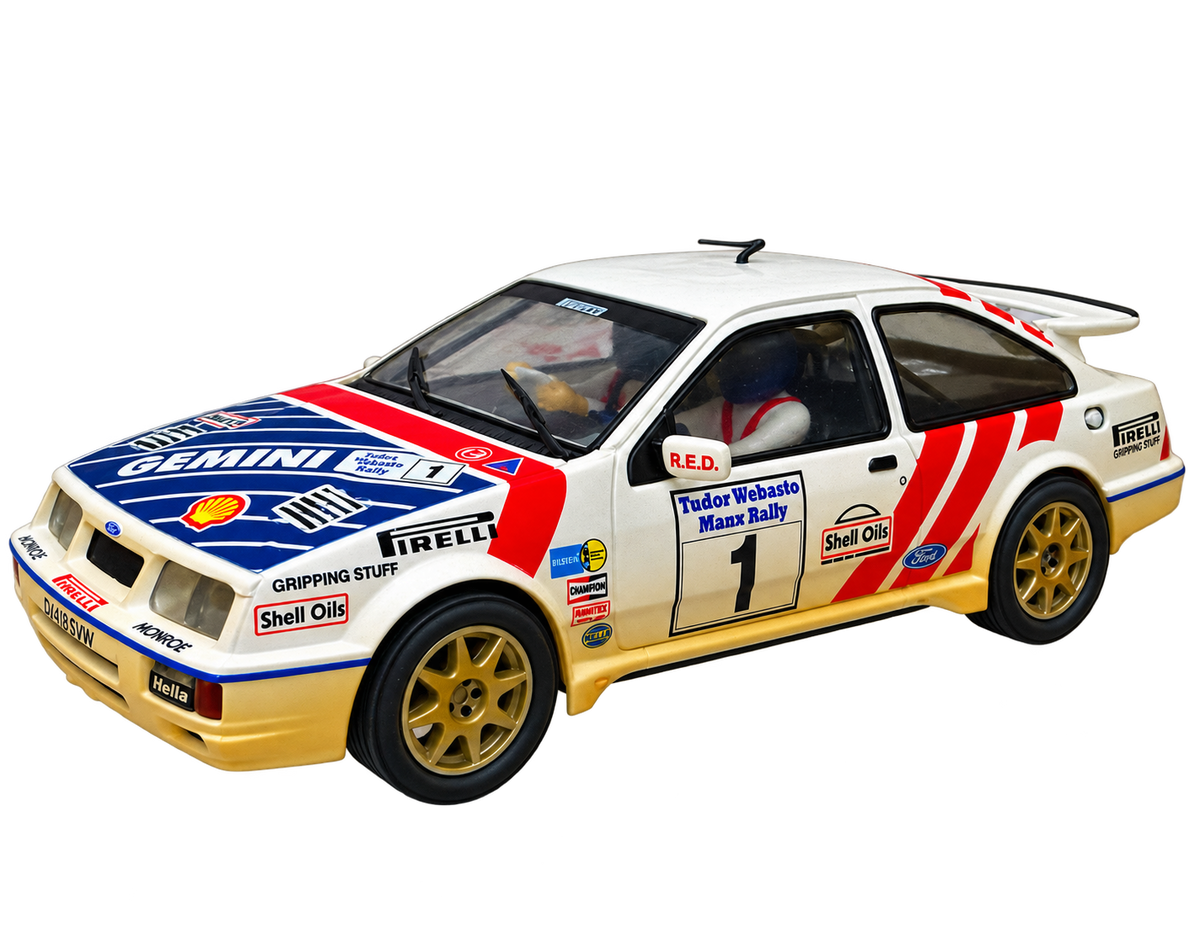 Modelo compatible: FORD SIERRA RS COSWORTH GEMINI Nº1 J.McRAE REF. 6483 TECNITOYS. Foto orientativa del coche; se vende únicamente el chasis 3D.