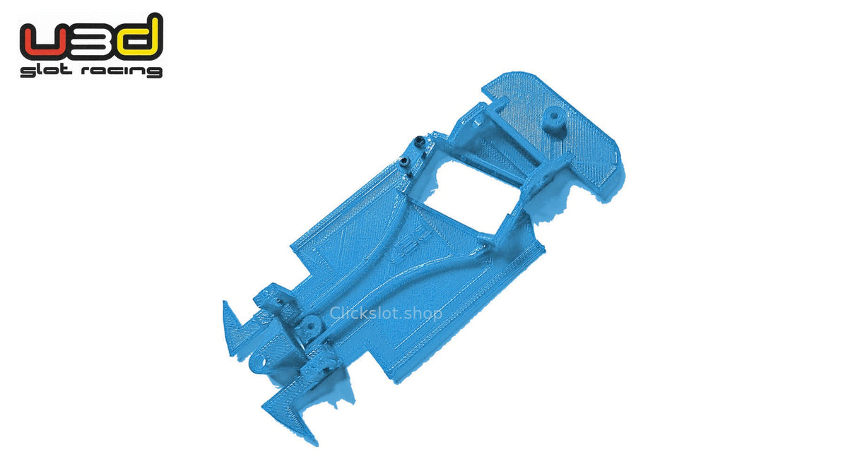 Chasis 3D ángulo Mitsubishi Lancer Ninco U3d Slot Racing — nuevo azul U3D, logo y marca de agua Clickslot.shop