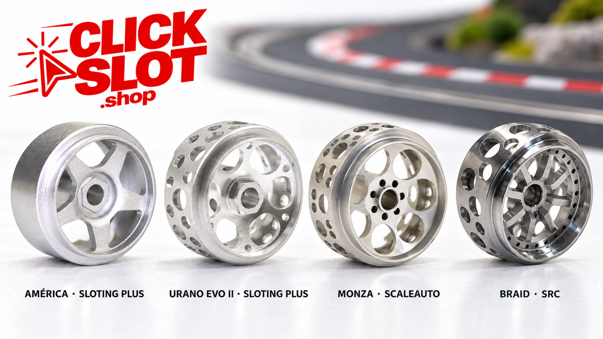 Llantas América Sloting Plus, Urano EVO II Sloting Plus, Monza Scaleauto y Braid SRC con perfil visible y logo Clickslot.shop