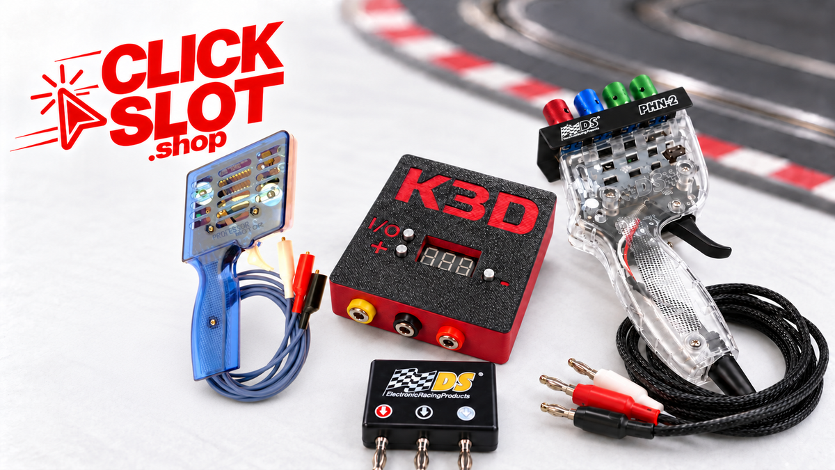 Mando Professor Motor azul en su ángulo original junto a caja K3D y mando DS PHN-02, con logo Clickslot.shop.