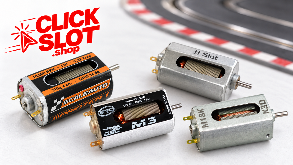 Motores K3D, Scaleauto, SRC y JJ Slot Racing con el logo de Clickslot.shop