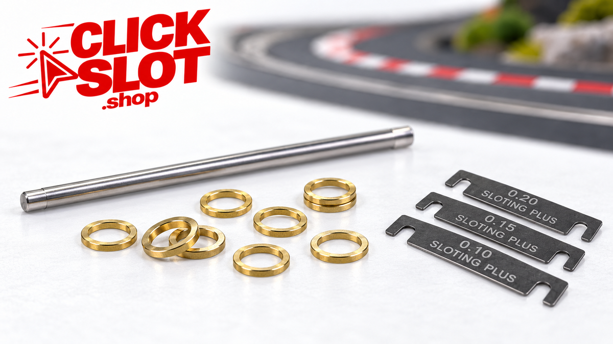 Separadores de eje y galgas Sloting Plus de 0,10, 0,15 y 0,20 mm con pista desenfocada y logo Clickslot.shop