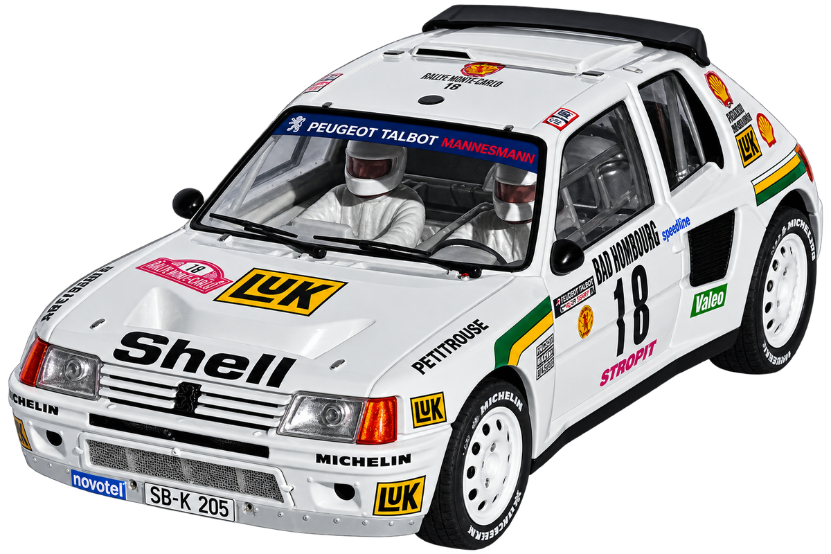 Modelo compatible: PEUGEOT 205 T16 EVO1 CHRONO "Mouton Montecarlo 1986". Foto orientativa del coche; se vende únicamente el chasis 3D.