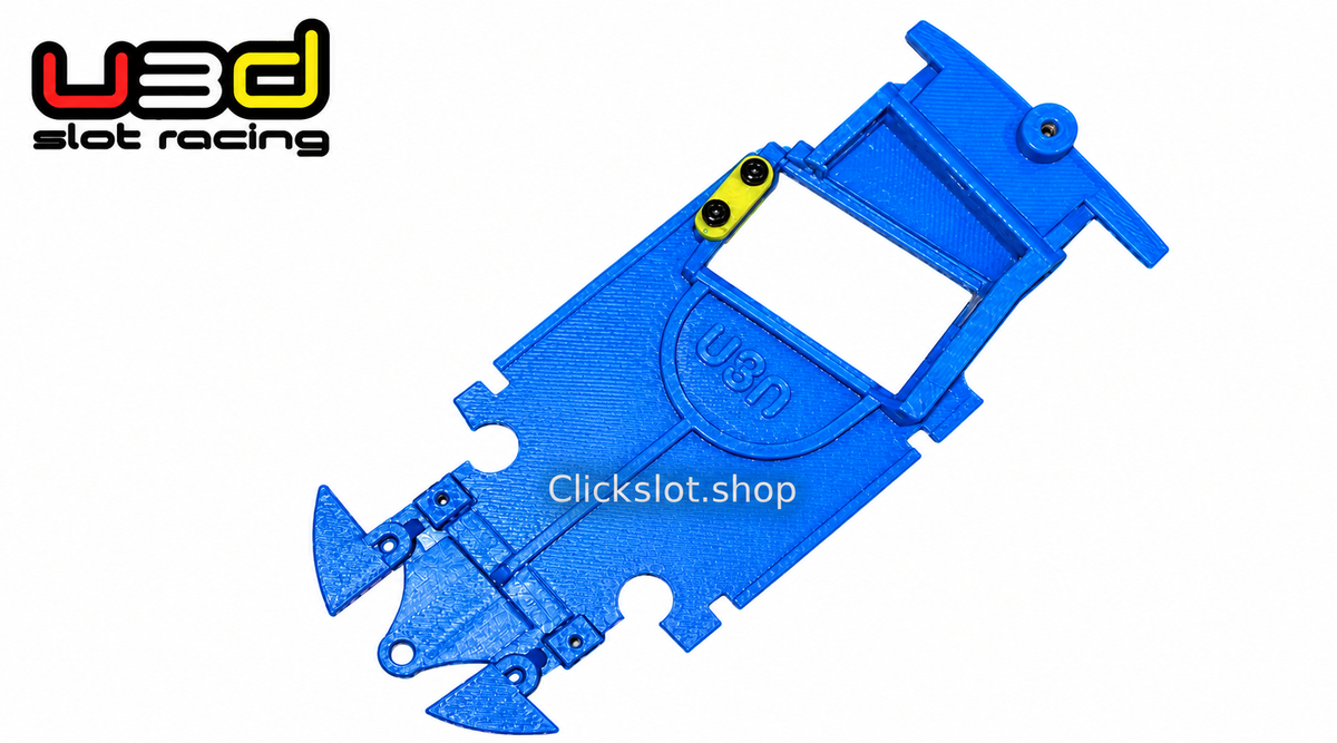 Chasis 3D U3D azul para Peugeot 306 Avant Slot con motor en ángulo, sobre fondo blanco y con marca de agua Clickslot.shop.