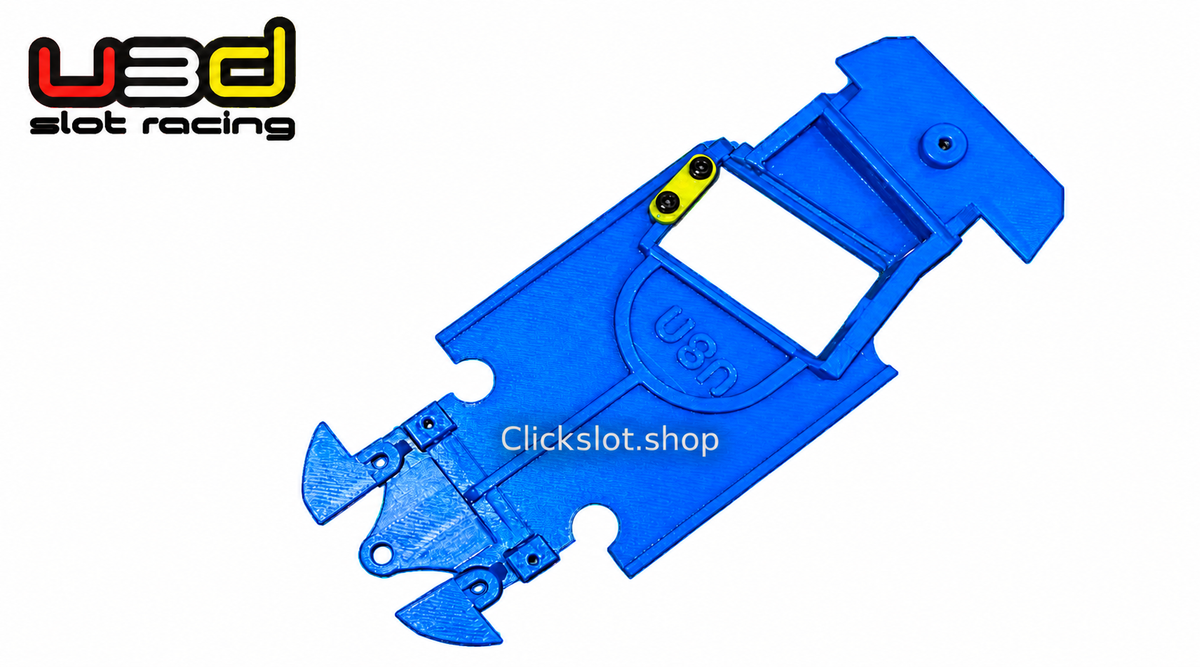 Chasis 3D U3D azul para Toyota Celica Avant Slot con motor en ángulo, sobre fondo blanco y con marca de agua Clickslot.shop.