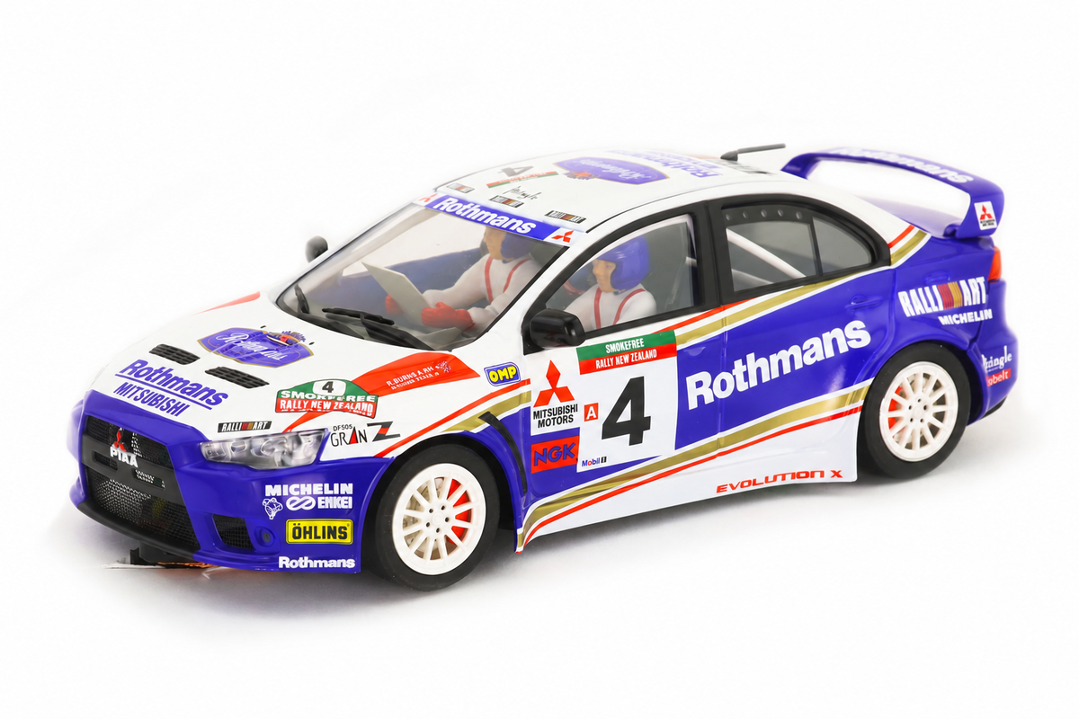 Modelo compatible: MITSUBISHI EVO X – ROTHMANS. Foto orientativa del coche; se vende únicamente el chasis 3D.
