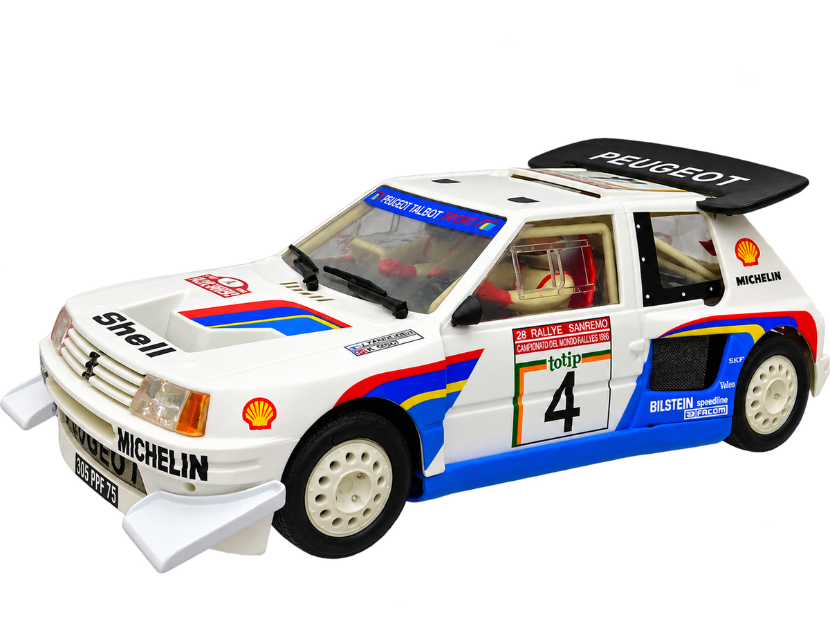 Modelo compatible: PEUGEOT 205 T16 RALLYE SAN REMO 1986 Nº4 SPIRIT. Foto orientativa del coche; se vende únicamente el chasis 3D.