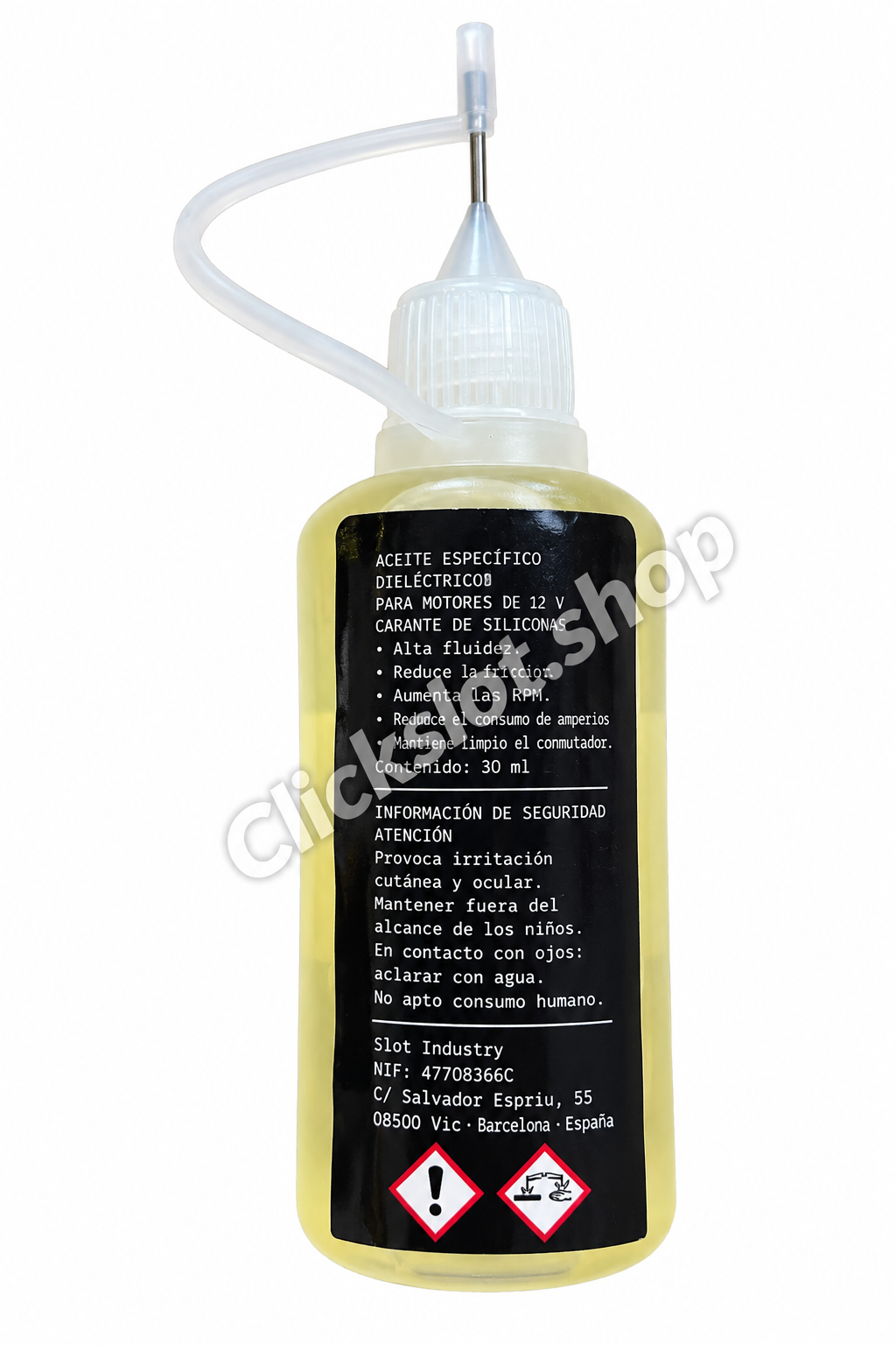 Aceite dieléctrico Slot Industry Glide Pro 30 ml vista trasera con información de seguridad y marca de agua Clickslot.shop