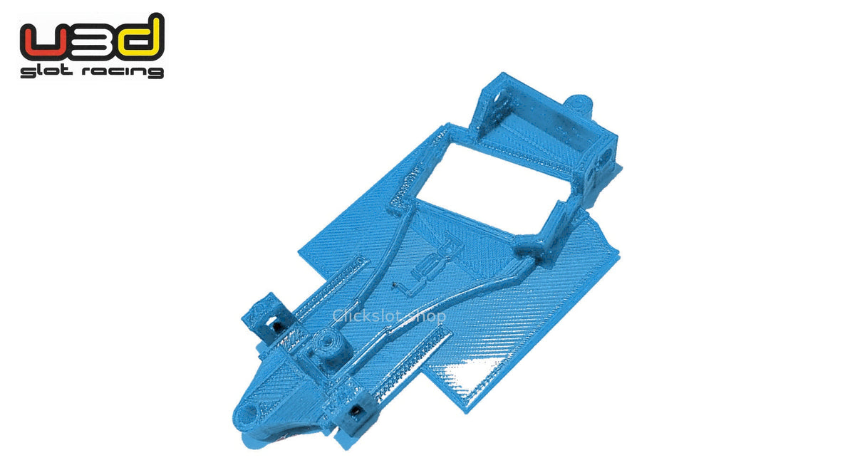 Chasis 3D ángulo Ferrari 312PB Slot.it U3d Slot Racing — nuevo azul U3D, logo y marca de agua Clickslot.shop