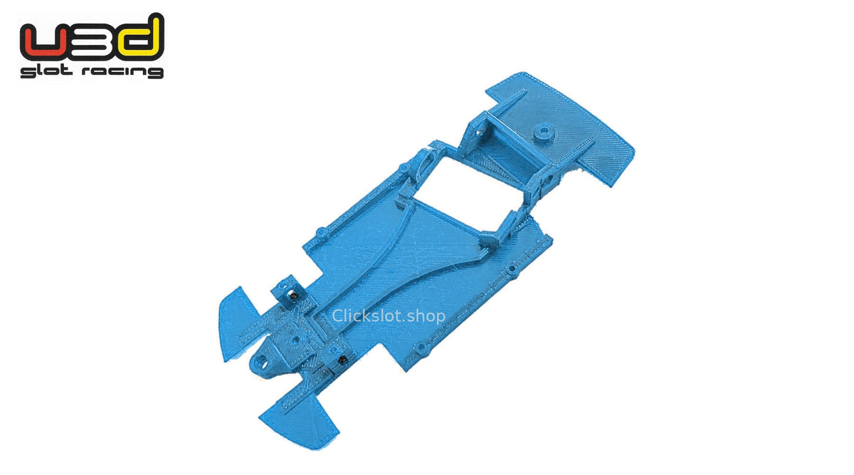 Chasis 3D ángulo Mitsubishi EVO Scaleauto U3d Slot Racing — nuevo azul U3D, logo y marca de agua Clickslot.shop