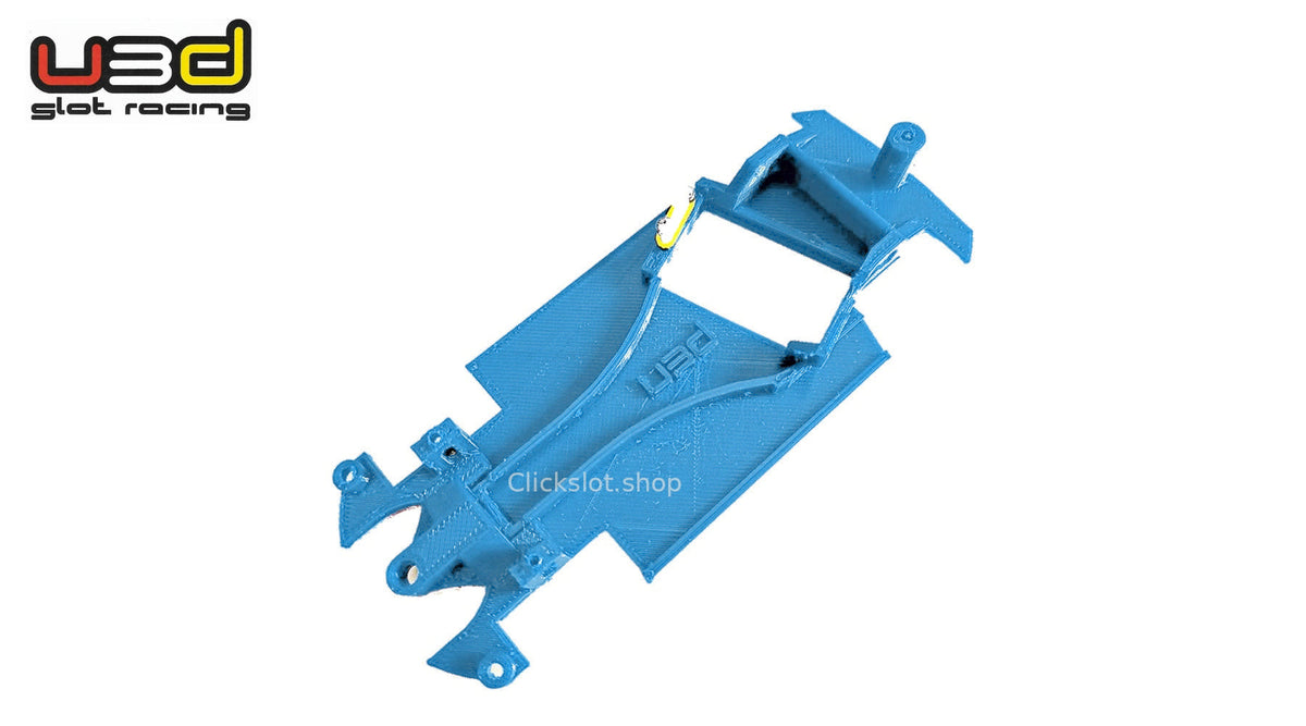 Chasis 3D ángulo EVO-2 Ford Focus WRC ’99 Scalextric U3d Slot Racing — nuevo azul U3D, logo y marca de agua Clickslot.shop