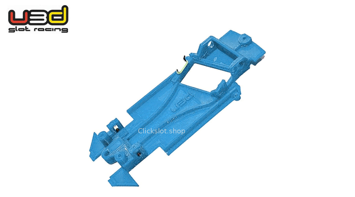 Chasis 3D ángulo EVO-2 Hyundai i20 WRC Scalextric U3d Slot Racing — nuevo azul U3D, logo y marca de agua Clickslot.shop